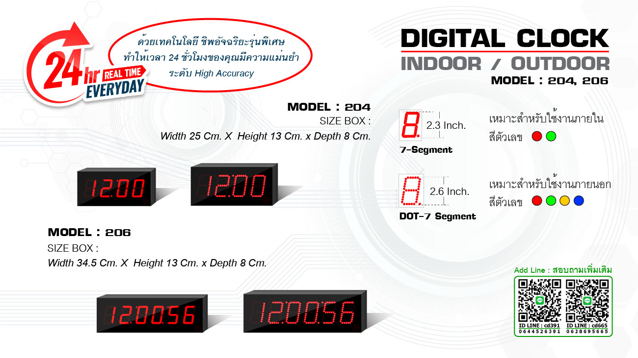 DIGITAL CLOCK HIGH ACCURACY ขนาดตัวเลขสูง 2.3 นิ้ว, 2.6 นิ้ว ใช้งานภายนอก - ภายใน เหมาะสำหรับออฟฟิศ